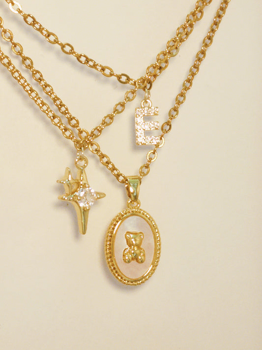 Bear & Shimmer & Mini Initial 3 Necklaces Set