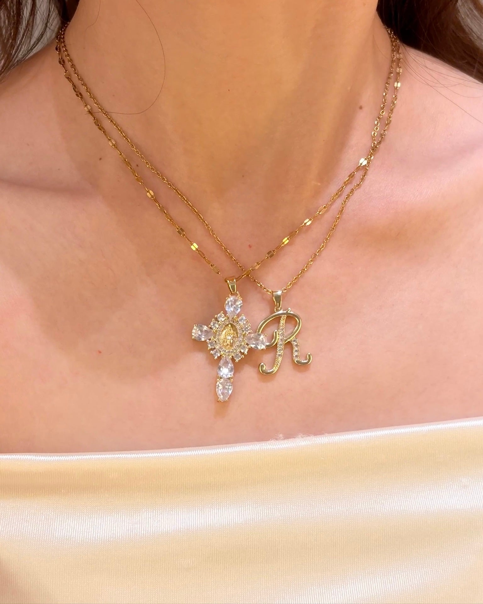 MLC Initial Necklace Stack with the Drama Cross