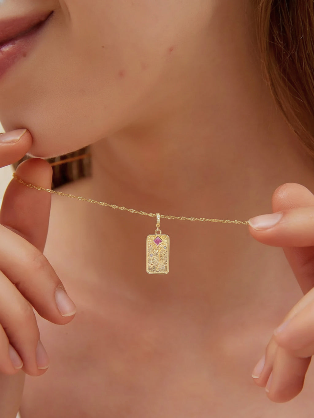 Pink Rose Tarot Charm Necklace