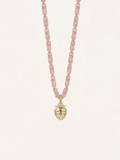 Strawberry Locket & Rose Quartz Beads Necklace