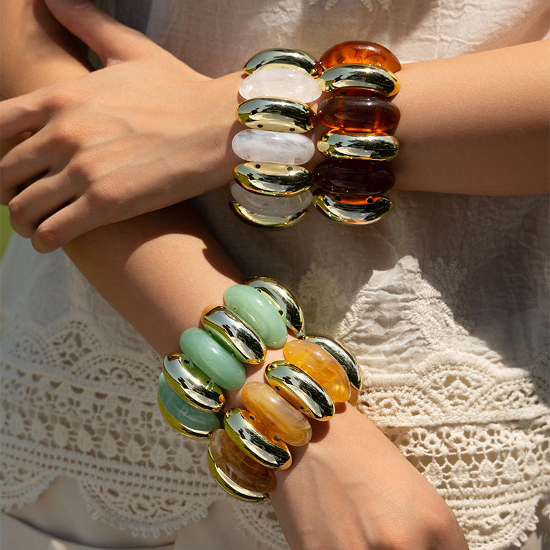 Retro-chic Colored Acrylic Mix Gold Chunky Bangle